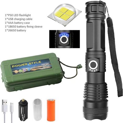 Lampe torche avec affichage de la puissance, longue portée, Zoom télescopique P70, lampe de nuit rechargeable par USB (Style 3) (1/5)