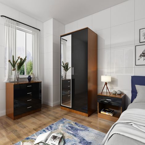 ELEGANT Bedroom Furniture 3 Pcs Set High Gloss 2 Doors Wardrobe and 4 Drawer Chest and Bedside Cabinet, Black/Walnut (1/5)