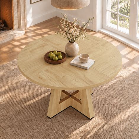 Table à manger ronde 120x120x75 cm pour 4 à 6 personnes, plateau MDF effet bois, design scandinave minimaliste - Chêne (1/5)