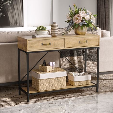 Console HOMCOM, table d'entrée avec étagère et 2 tiroirs, 100x35x76,5 cm, table d'appoint, table basse, meuble de rangement pour petits espaces, entrée, couloir, salon, marron et noir (1/4)