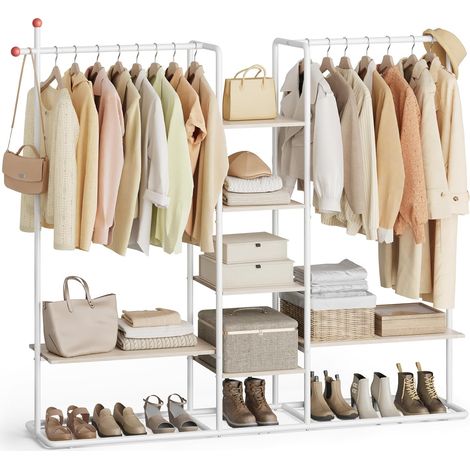 Portant à Vêtement, 6 Étagères de Rangement, 2 Tringles, Crochets en Forme d’Allumette, Armoire Ouverte, Porte-Manteau, pour Chambre, Beige Naturel et Blanc Mat