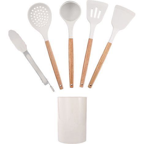 Juego de 5 utensilios de cocina de silicona beige con mangos de madera y soporte. (1/2)