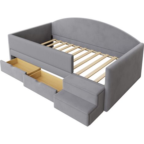 Lit rembourré enfant 90 x 190 cm avec 2 tiroirs et marches de sécurité en velours gris clair