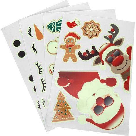 Lot de 4 autocollants décoratifs lumineux à faire soi-même, motif Père Noël, bonhomme de neige et renne, pour décorations de Noël murales et de portes. (1/5)