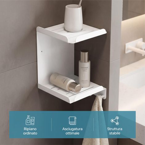 doporro Mensola Doccia Angolare in Acciaio al Carbonio, Antiruggine, Mensola Bagno da Appendere Adesiva o con Foratura per Shampoo Sapone Bagnoschiuma, Bianco, Reglo-14