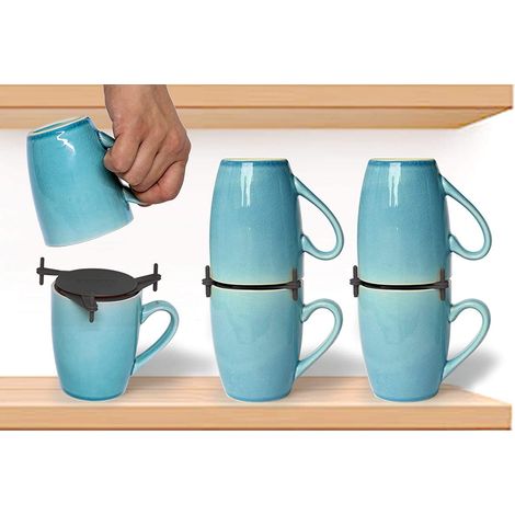 Organisateur de Tasses, Rangement pour Étagères, Armoires de Cuisine et Garde-Manger, Gadget Empilable et Extensible pour Tasses à Thé et à Café, Gagner de l'Espace, Organiser, 6 pcs, Noir (1/5)
