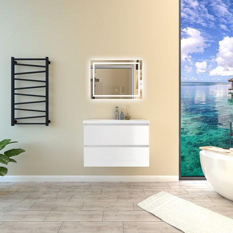 SKY 80cm White bathroom furniture set With 2 Soft-Close Drawers,ceramic basin+LED bathroom anti-fog mirror with 3 Lighting Modes (1/5)