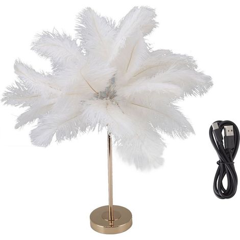 Plume Lampe De Table Interrupteur Tactile USB Plume D'autruche Lampe 3 Couleur Gradation Lampe De Bureau avec Base En Métal Doré 30pcs Plume (1/5)