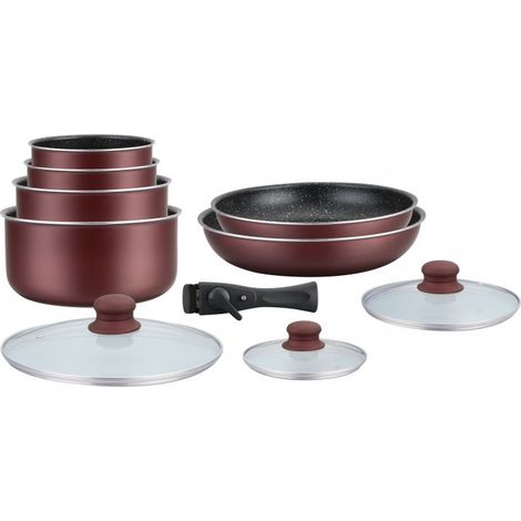 Batterie de cuisine revêtement pierre avec manche amovible 10 pieces Bordeaux Herzberg HA04647-BR (1/3)