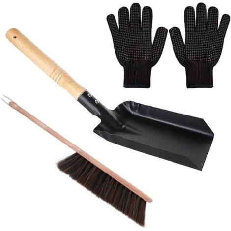 Kit de nettoyage de cheminée avec pelle, brosse de poêle à bois naturel, gant en Silicone noir, pelle de cheminée, ensemble de cuillères à cendres (1/4)