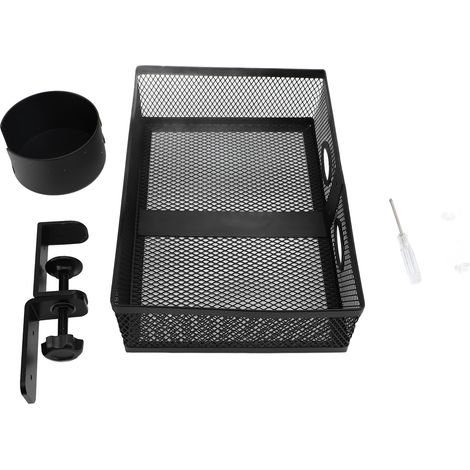 Tiroir sous bureau rotation 360° aluminium 2 rainures polyvalent anti-déformation organisateur de rangement panier porte-gobelet+rack de rangement (noir) (1/2)