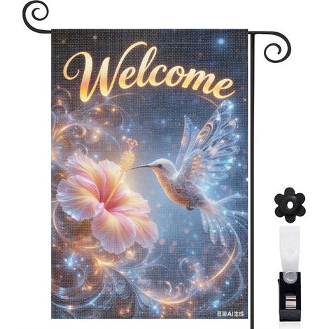 Drapeau de jardin vertical bienvenue 30 x 45 cm en toile résistante double face décoration florale colorée pour cour balcon et entrée (1/5)