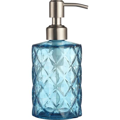 Nachfüllbarer Seifenspender aus Glas, 330 ml, Edelstahldüse, für Geschirrspülen/Lotionen, für Küche/Bad/Waschküche, blau