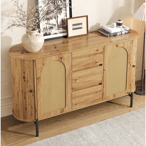 Ovales Sideboard aus MDF mit Rattantüren, 3 Schubladen, 140 x 38 x 77,5 cm, Natur HAVRYA (1/5)
