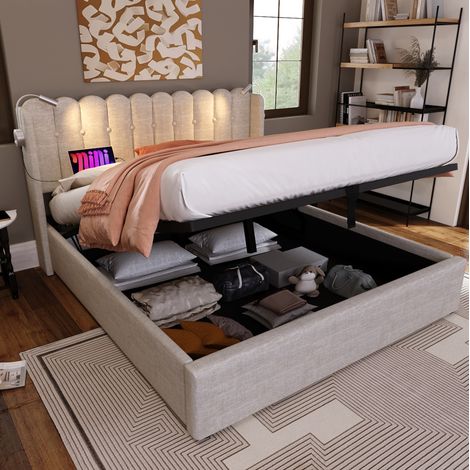 Bett mit Stauraum Leinen Natur 160x200 cm, mit Lattenrost, USB-Ladefunktion und Leselicht (1/5)