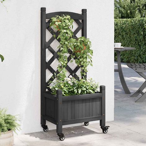 Jardinière avec treillis et roues gris bois massif de sapin (1/5)