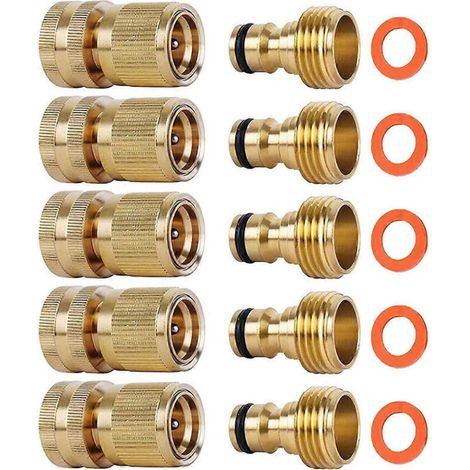 Raccord Rapide Tuyau D'arrosage - Laiton Massif GHT 3/4 Pouces - Etanche 200 PSI - Pour Jardin Et Arrosage Extérieur - Kit De 10 Pièces (1/5)
