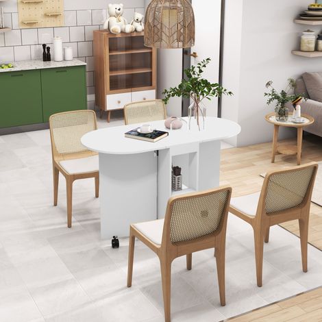 Table à manger pliante sur roulettes, table de cuisine pour 4 personnes, 2 abattants et 2 étagères, blanc, 120x60x77cm