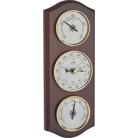 TFA Dostmann Stazione meteo analogica, 20.1000.03, con barometro, termometro, igrometro, per previsioni meteo locali, in legno massiccio, color noce