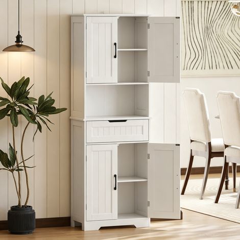 Buffet cuisine, armoire de cuisine avec 4 portes, tiroir, compartiment ouvert et étagères réglables, 60x30x172cm, blanc (1/5)