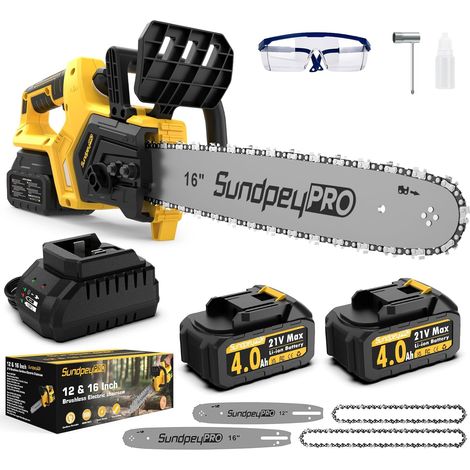 12+16 Pouces 21V Brushless Tronçonneuse Sans Fil à Batterie 2x4.0Ah Batteries, Débit D’huile Réglable, Lubrification Automatique, Tensionneur Sans Outil, pour Élagage Abattage D'arbres (1/5)