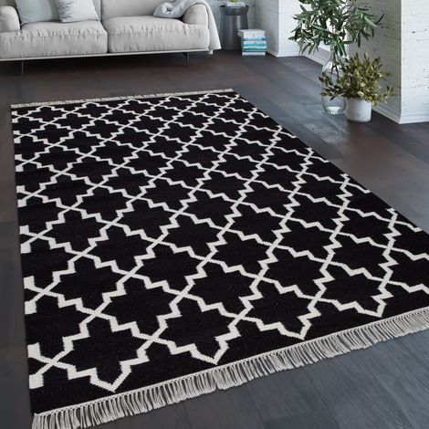 Paco Home Teppich Wohnzimmer Marokkanisches Muster Fransen Handgewebt Wolle Schwarz Weiß 140x200 cm