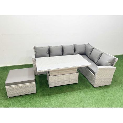 Fimous 7 Seat Rattan Garden Furniture Corner Sofa Set Outdoor Adjustable Lifting Dining or Coffee Table Set with Armchair Big Footstool Light Grey (1/4)