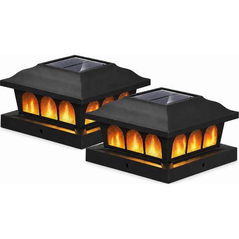 Lot de 2 Capuchons Solaires pour Poteaux 9x9 10x10 11x11 12x12 cm Lampe Solaire Chapeau Poteau, 3 Couleurs et Effet Flamme, IP44, Format Carré, PP et PS, 8-12H, pour Clôture, Terrasse, Jardin (1/5)