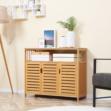 Sideboard aus Bambus mit 3 durchbrochenen Türen und Regalböden, 100 x 35 x 82 cm, naturfarben