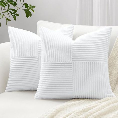 Lot de 2 Housse de Coussin 50x50 cm en Velours Côtelé,Housse Coussins Patchwork à Rayures Croisées 50 x 50 cm (Lot de 2) BLANC (1/5)