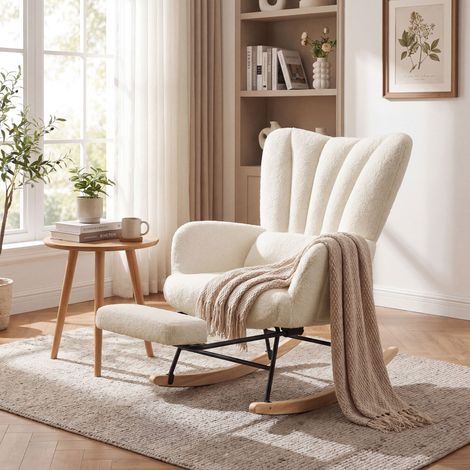 Chaise Relax avec Coussin Amovible, Fauteuil à Bascule, Poches Latérales, Salon, Chambre, Blanc (1/5)