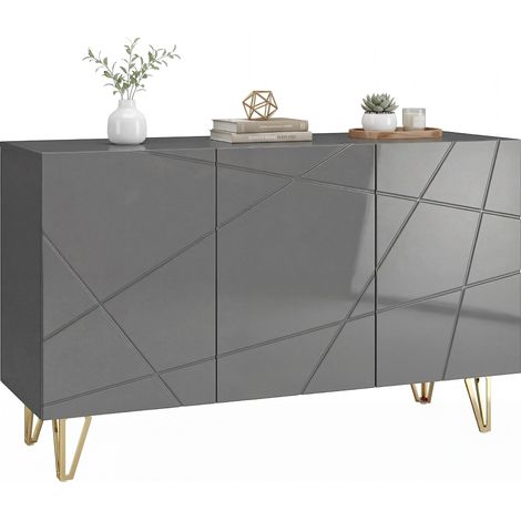 HOMCOM Storage Cabinet, Sideboard with Adjustable Shelves, High Gloss Grey