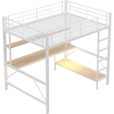 Lit mezzanine 140x200 blanc USB LED bureau étagères sans matelas