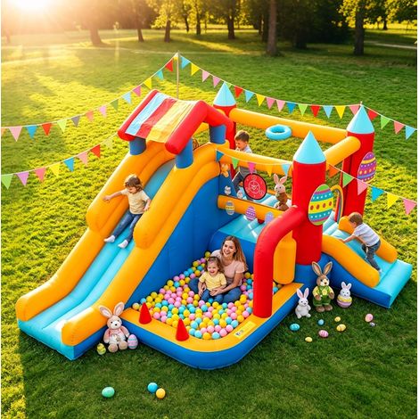 Outdoor Inflatable Castle, 9 in 1 Inflatable House with Air Blower, Children's Trampoline, Slide, Basketball Basket, Inflatable Cushion, Indoor Inflatable Home for Party Birthday (1/5)