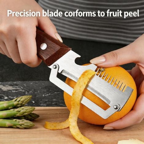 Éplucheur de Légumes 3 en 1 Poignée en Bois Lame Large Acier Inoxydable Déchiqueteuse dOignons Verts et Décapsuleur pour Cuisine Maison Camping (1/3)