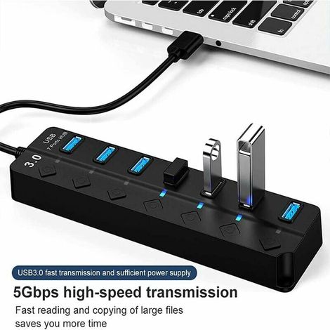 Hub USB, hub USB 3.0 à 7 Ports, répartiteur de hub Multi-Ports de données USB avec interrupteurs Marche/arrêt individuels, Extension USB pour MacBook, Mac Pro et Plus de périphériques USB 174.52cm, MN (1/4)