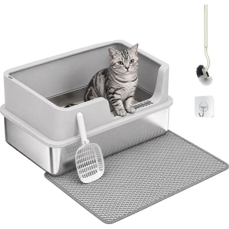 PawHut XL Stainless Steel Cat Litter Tray w/ Lid, High Sided Cat Litter Box (1/5)