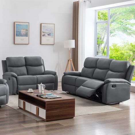 M&S – Canapé convertible 3+2 places relax manuel en PU gris anthracite – Structure en bois massif – Dimensions sofa 2 places 141x91x96 cm – Dimensions sofa 3 places 193x91x96 cm
