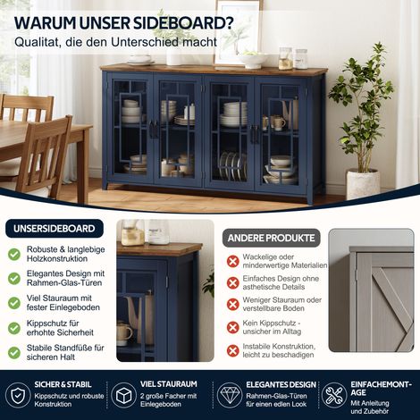 Buffet de cuisine de 160 cm de large avec portes vitrées, un grand compartiment de rangement, un plan de travail imitation bois et un système anti-basculement. Ce buffet moderne convient aux cuisines, (1/5)