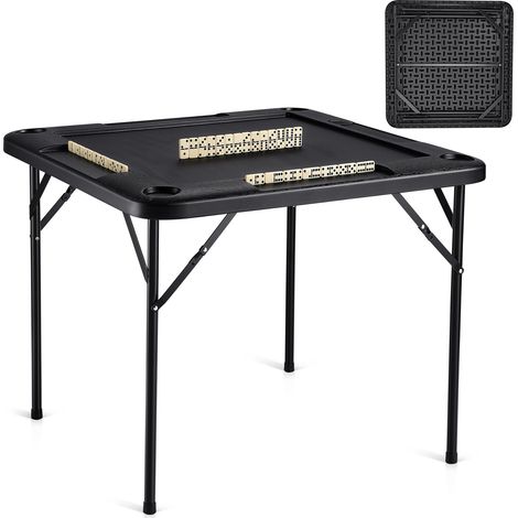 Table de Mahjong Pliante Carrée pour 4 Joueurs, Table de Jeu de Cartes avec 4 Porte-gobelets et 4 Plateaux à Jetons, Jeu de Dominos Portable, pour Puzzle Poker Mah-jong, 90 x 90 x 74 cm, Noir (1/5)