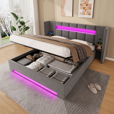 Lit adulte rangement 160x200 velours gris fonce USB LED HAVRYA (1/5)