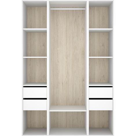 Armoire dressing ouverte avec fond arrière réversible, penderie avec tringle, étagères et 4 tiroirs, coloris blanc/naturel - Hauteur 205 x Longueur 137.5 x Profondeur 45 cm (1/5)