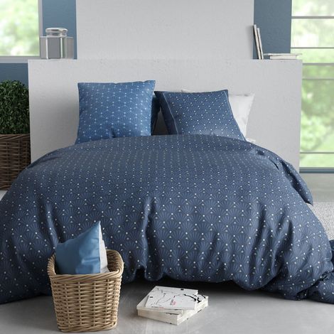 Parure housse de couette 240x220cm + 2 taies motif graphique bleu 100% coton - ZUMAIA (1/4)