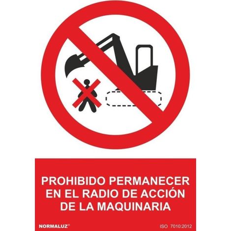 Señal de Prohibido permanecer en el radio de acción de la maquinaria SEKURECO                         150 x 200 mm                          ADHESIVOS DE VINILO (1/2)