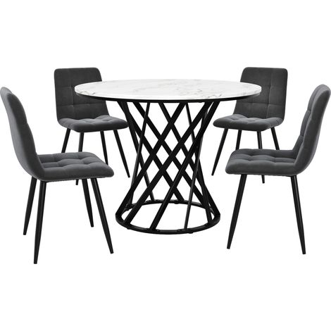 Ensemble table et chaises 5 pièces, table ronde de salle à manger 80 cm, plateau blanc effet marbre et chaises en velours (1/5)