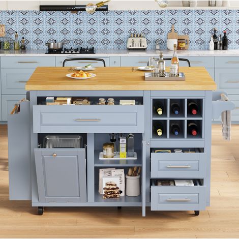 Multifunktionaler Küchenwagen Blau aus MDF mit Schubladen und Klapparbeitsplatte (1/5)