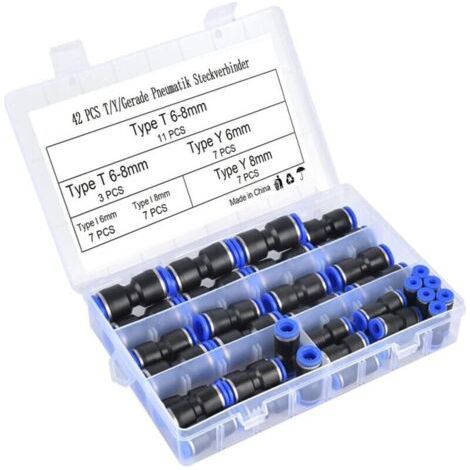 42 PCS Raccord Pneumatique T/ Y/ I Droits Type Raccord Rapide Air Comprimé - 6mm/ 8mm Raccord Compresseur - Avec Boîte