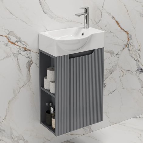 HOROW Waschbeckenunterschrank 40 cm mit Waschbecken und Seitenregal – Wandhängend, Grau (1/5)