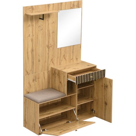 Recibidor con espejo, banco acolchado y zapatero de MDF 110 x 37 x 185,5 cm (1/5)
