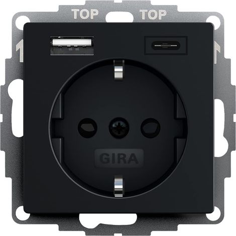 Gira 2459005 - Toma de corriente Schuko con conector USB, 2 enchufes tipo A (máx. 2,4 A) tipo C (máx. 3 A), sistema 55, color negro mate